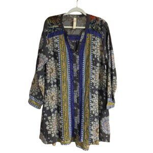 Cyrena Large Bohemian Long Sleeve Button Gray Yellow Floral Women's Tunic Top